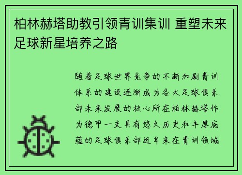 柏林赫塔助教引领青训集训 重塑未来足球新星培养之路