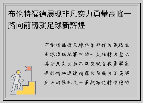 布伦特福德展现非凡实力勇攀高峰一路向前铸就足球新辉煌
