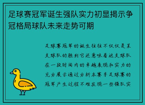 足球赛冠军诞生强队实力初显揭示争冠格局球队未来走势可期