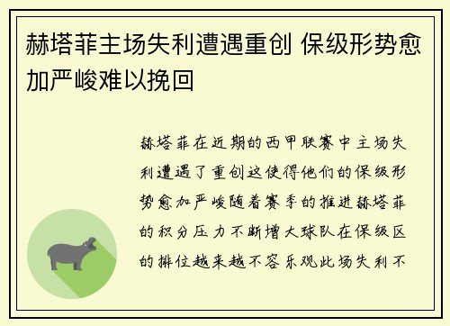 赫塔菲主场失利遭遇重创 保级形势愈加严峻难以挽回