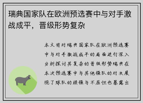 瑞典国家队在欧洲预选赛中与对手激战成平，晋级形势复杂
