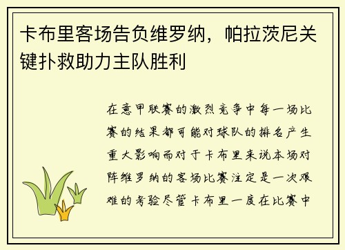 卡布里客场告负维罗纳，帕拉茨尼关键扑救助力主队胜利