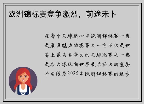欧洲锦标赛竞争激烈，前途未卜