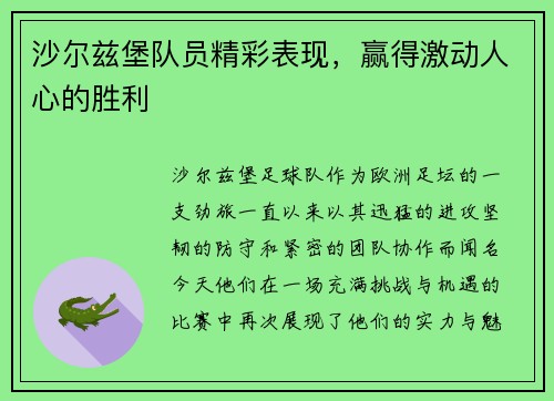 沙尔兹堡队员精彩表现，赢得激动人心的胜利