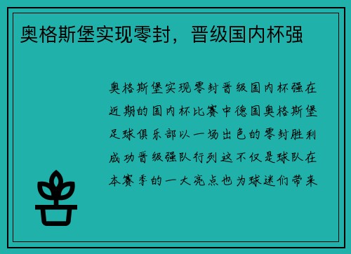 奥格斯堡实现零封，晋级国内杯强