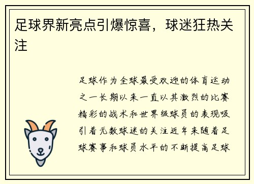 足球界新亮点引爆惊喜，球迷狂热关注