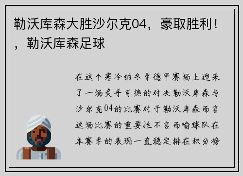 勒沃库森大胜沙尔克04，豪取胜利！，勒沃库森足球