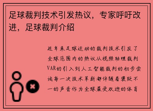 足球裁判技术引发热议，专家呼吁改进，足球裁判介绍