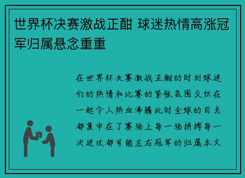 世界杯决赛激战正酣 球迷热情高涨冠军归属悬念重重
