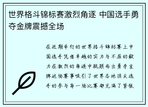 世界格斗锦标赛激烈角逐 中国选手勇夺金牌震撼全场