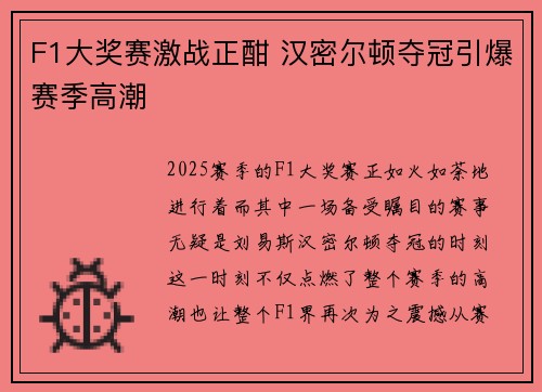 F1大奖赛激战正酣 汉密尔顿夺冠引爆赛季高潮