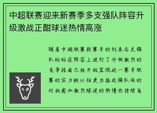 中超联赛迎来新赛季多支强队阵容升级激战正酣球迷热情高涨