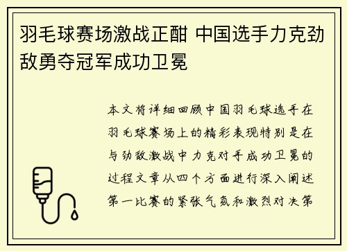 羽毛球赛场激战正酣 中国选手力克劲敌勇夺冠军成功卫冕